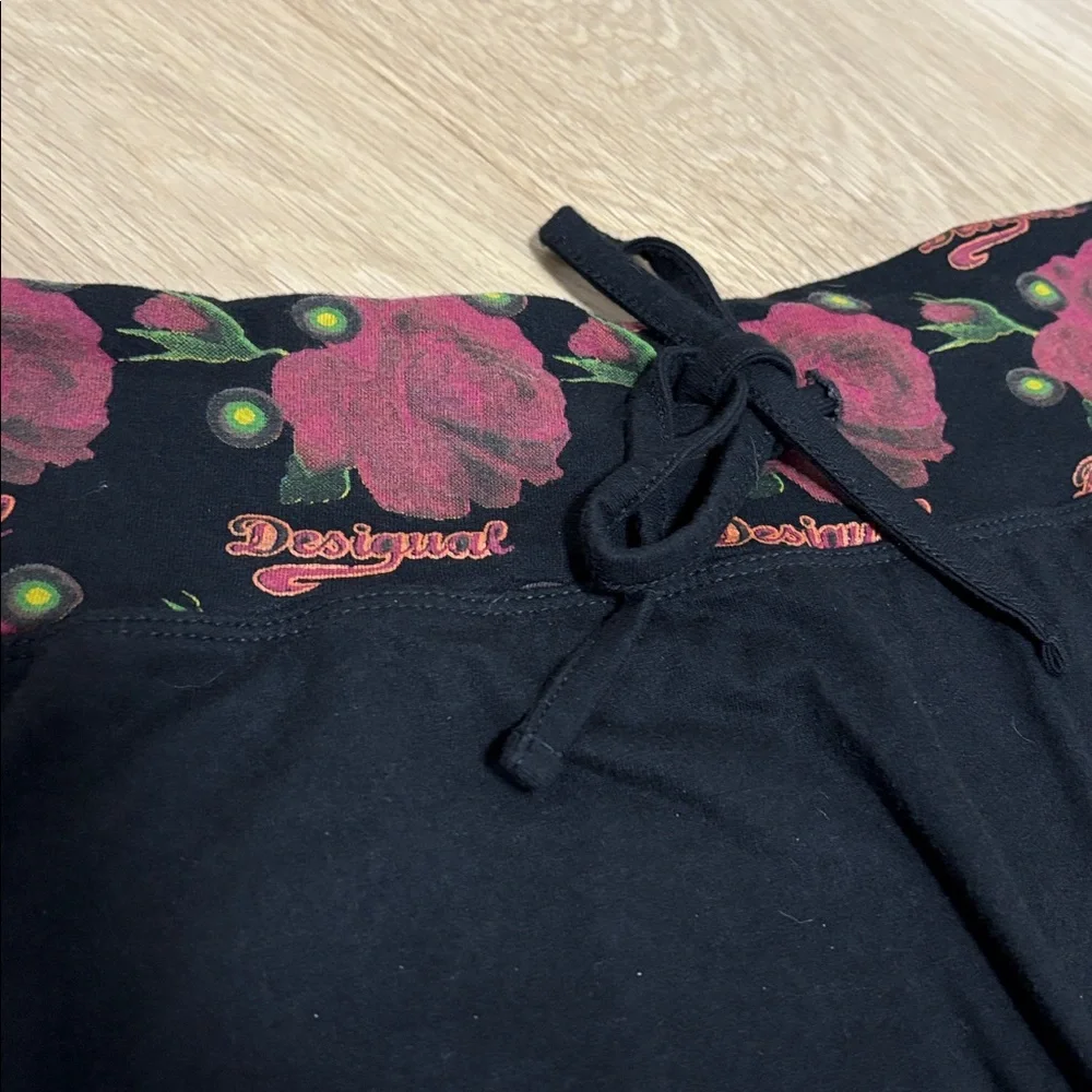 DESIGUAL (M) Balloon Floral Skirt Above Knee Elastic Waist Tie Soft Black - Picture 8 of 13